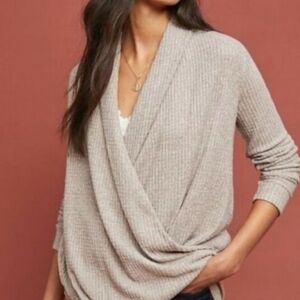 Anthropologie Akemi + Kin Ribbed Wrap-Front Top, Size Medium, Taupe, EUC